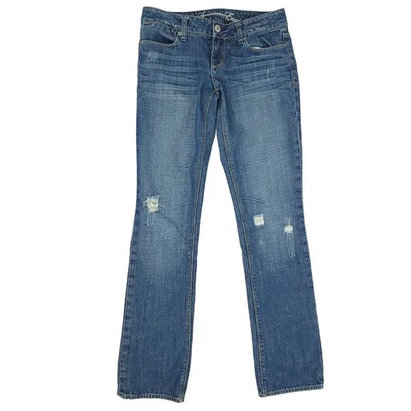 American Eagle 77 Straight Denim Jeans Womens Size 2R Distressed Medium Wash - Picture 7 of 14